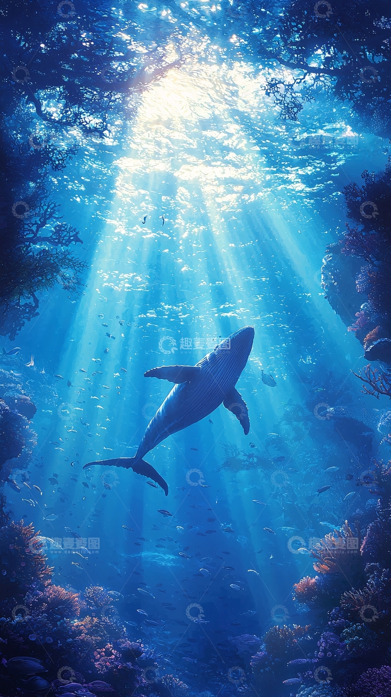 高清大图下载【趣麦麦图】深海鲸鱼与珊瑚礁