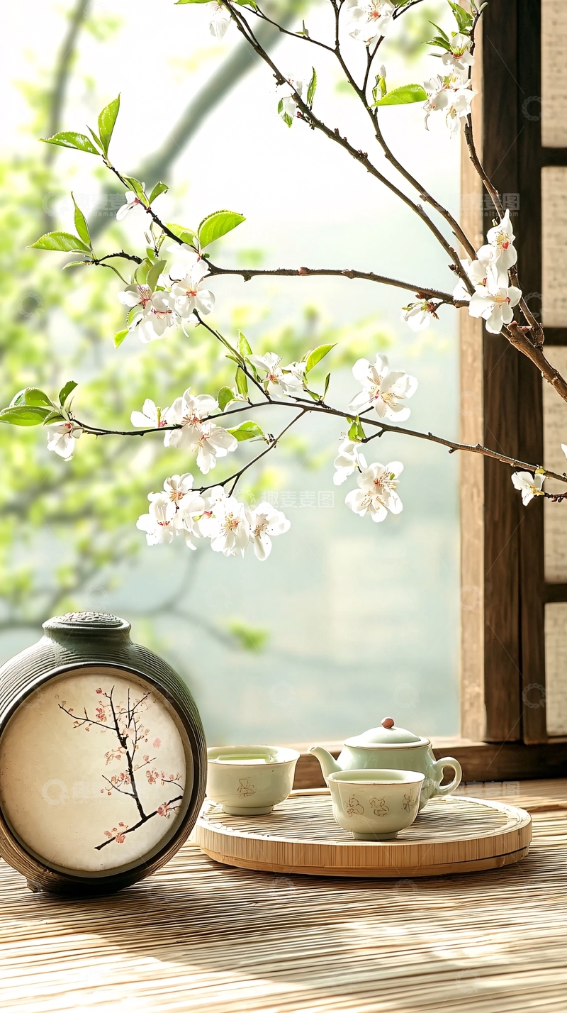高清大图下载【趣麦麦图】春日茶香与樱花静谧时光