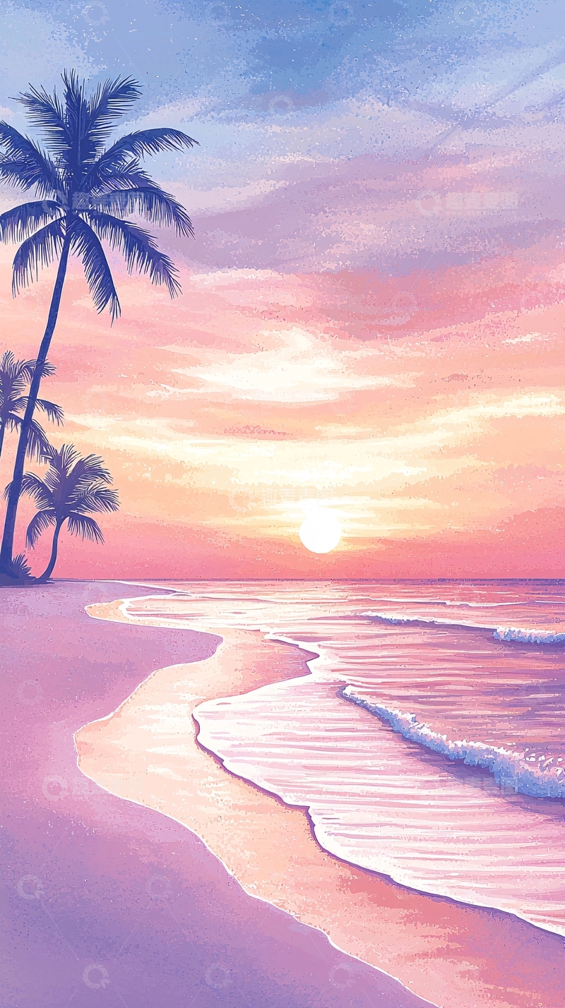 高清大图下载【趣麦麦图】日落海滩椰树风景