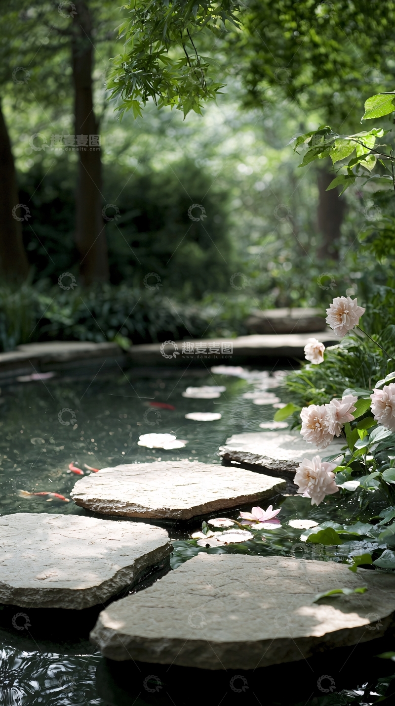 高清大图下载【趣麦麦图】石桥流水花影自然景观