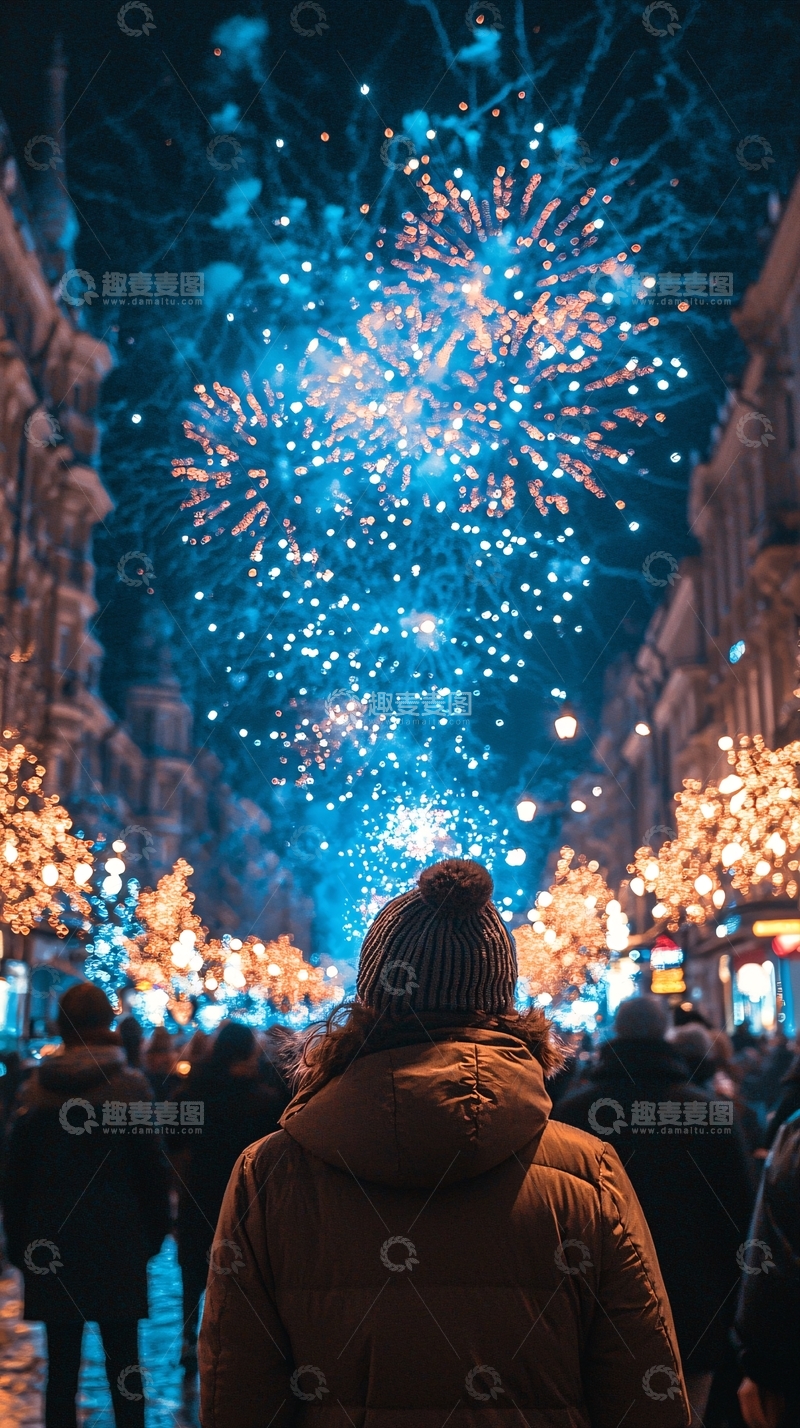高清大图下载【趣麦麦图】夜晚街道上的烟花与灯光