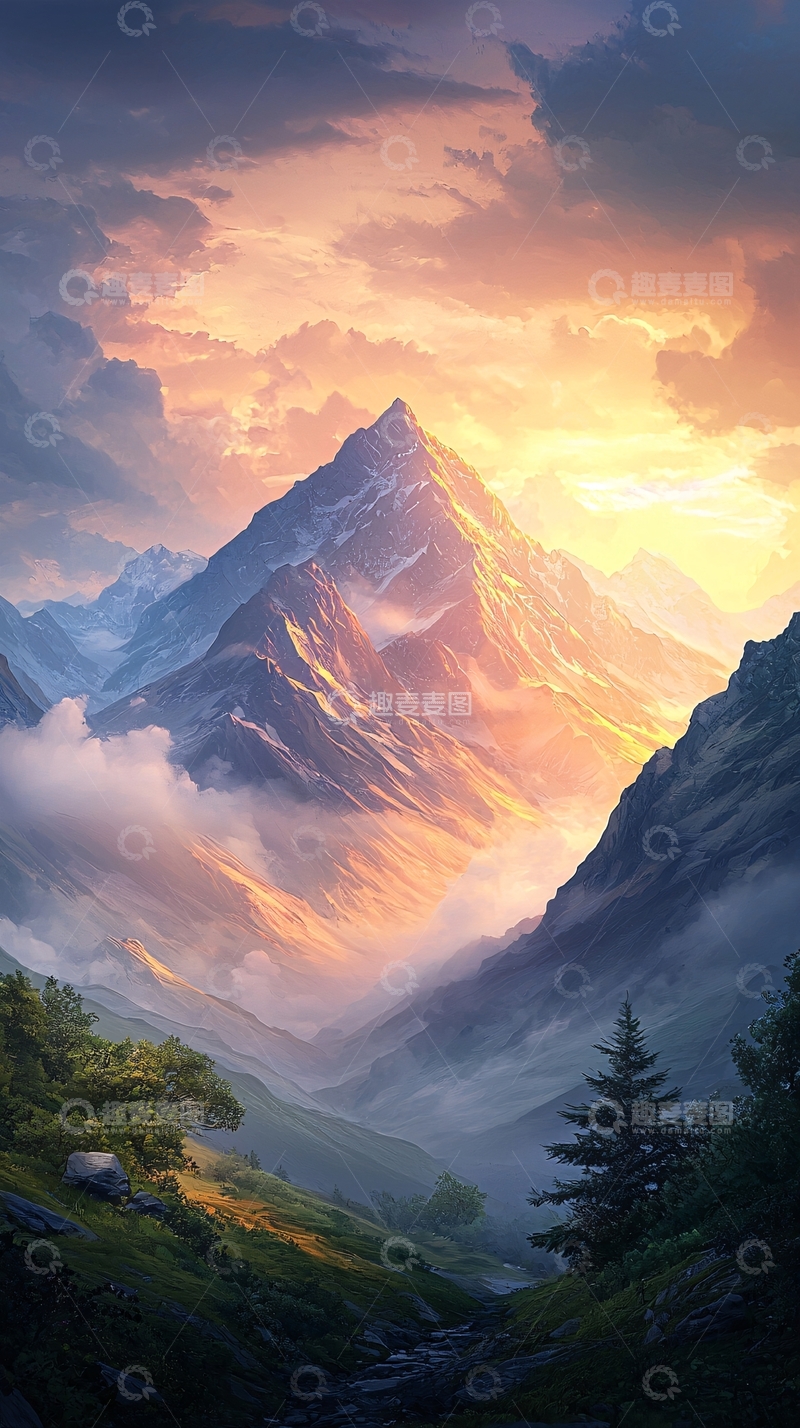 高清大图下载【趣麦麦图】夕阳下的雪山峡谷风景