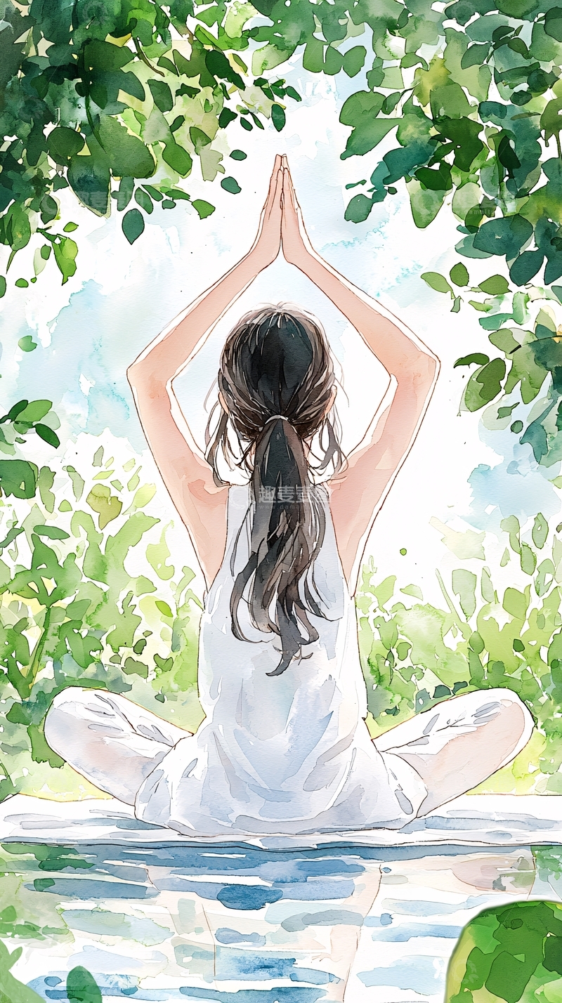 高清大图下载【趣麦麦图】户外瑜伽冥想女孩插画