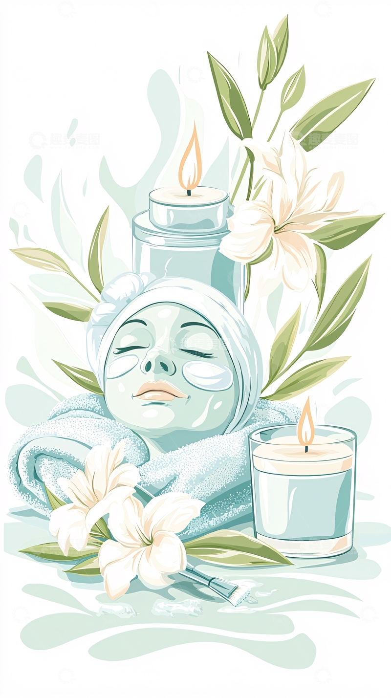 高清大图下载【趣麦麦图】美容面膜放松场景插画