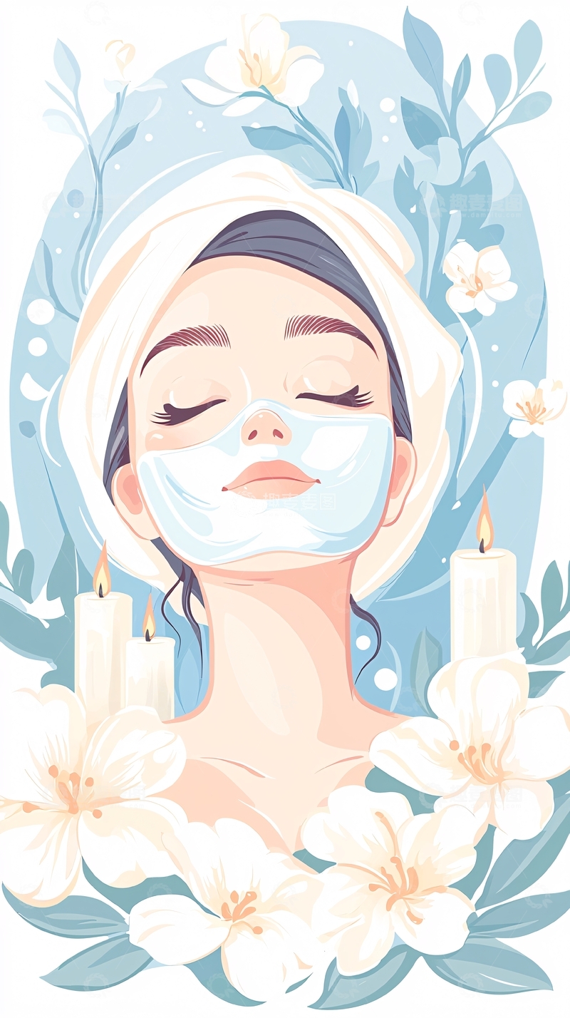 高清大图下载【趣麦麦图】美容面膜放松场景插画