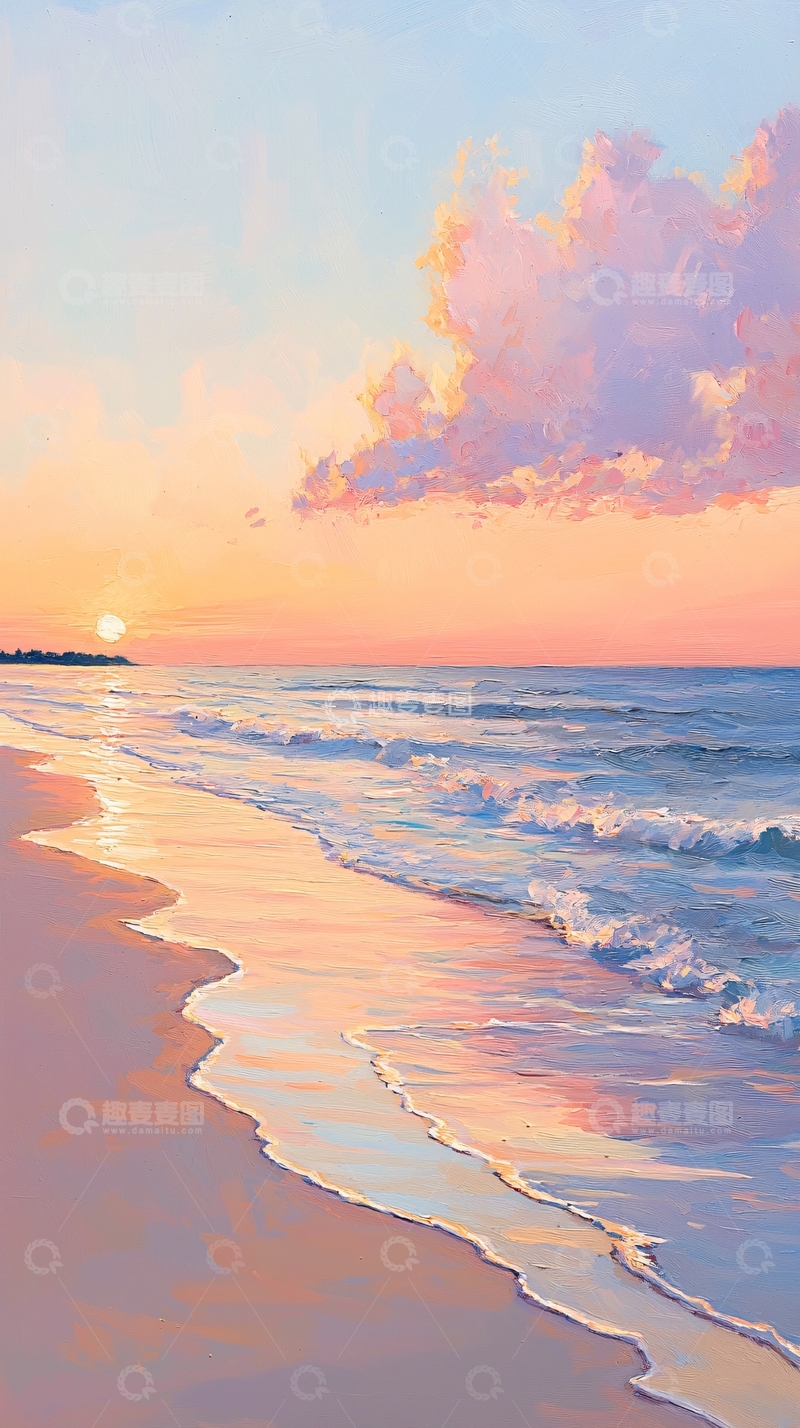 高清大图下载【趣麦麦图】日落海滩油画风景