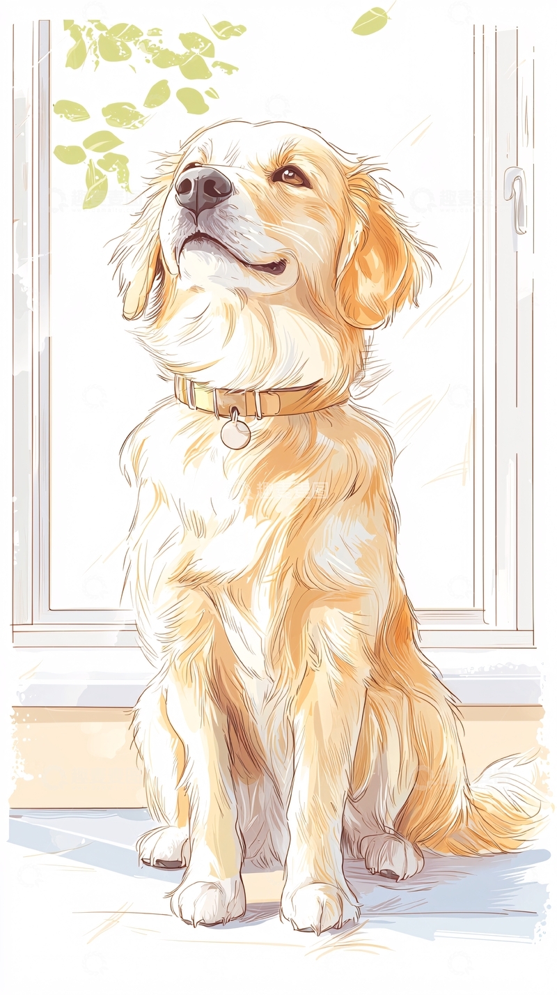 高清大图下载【趣麦麦图】金毛犬坐在窗边