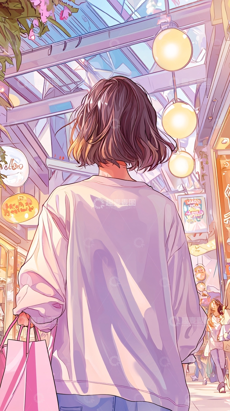 高清大图下载【趣麦麦图】粉色购物袋的背影女孩