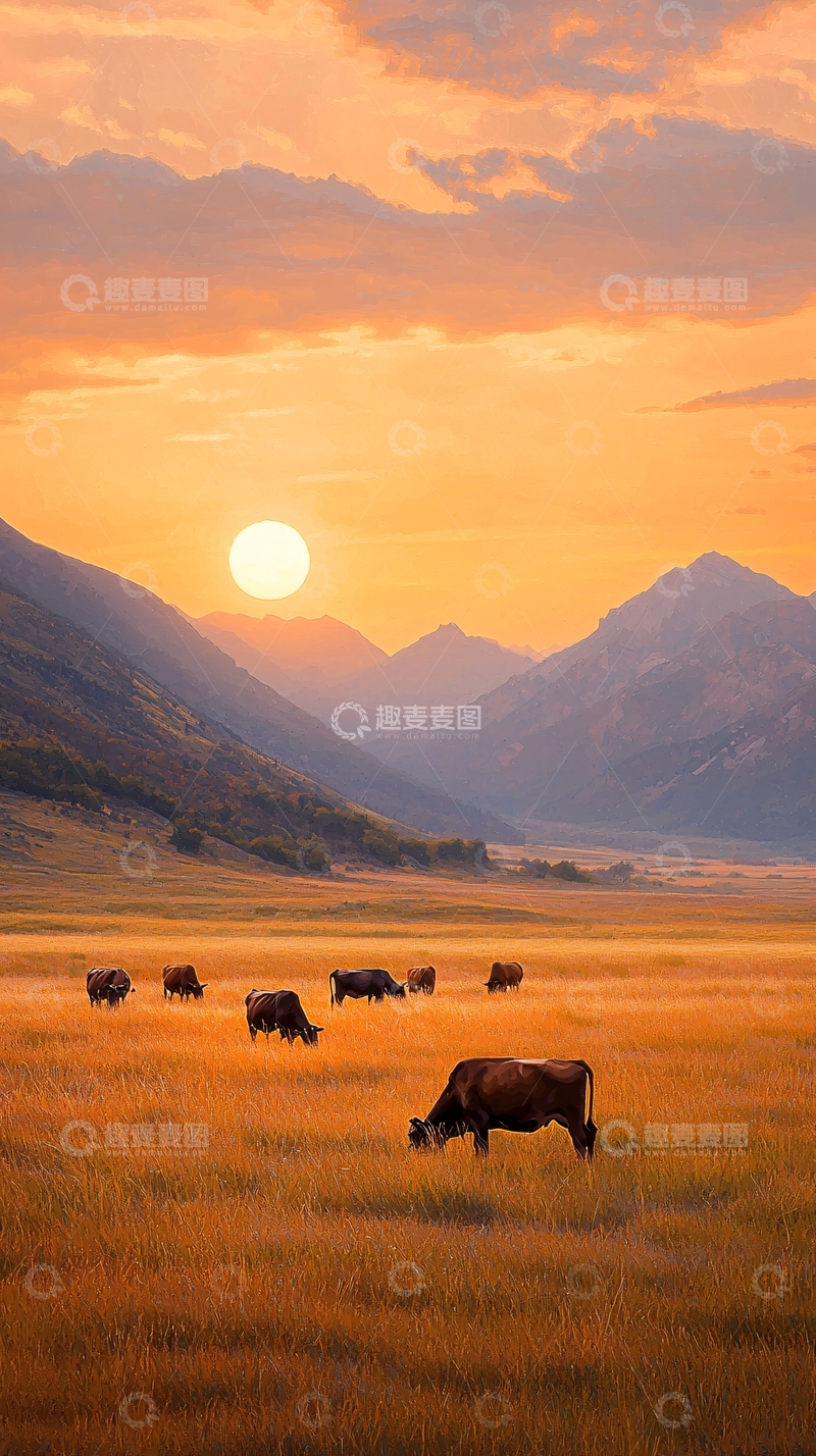 高清大图下载【趣麦麦图】夕阳下的草原牛群