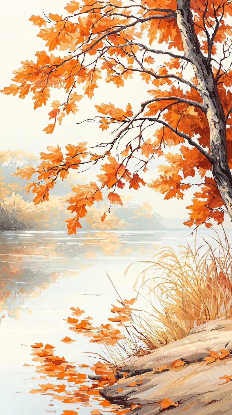 高清大图下载【趣麦麦图】秋日湖畔落叶风景