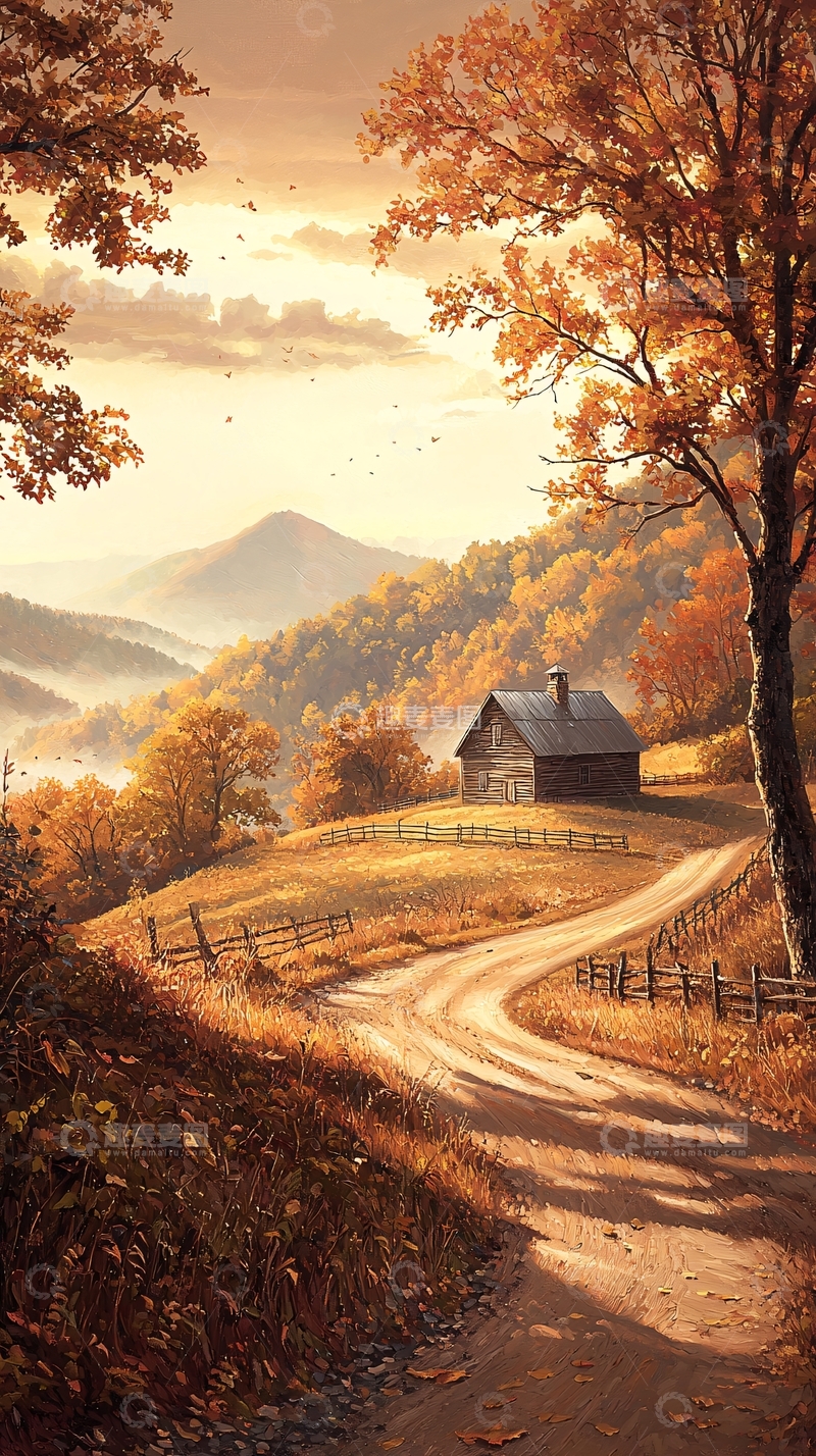 高清大图下载【趣麦麦图】秋日山间小屋风景