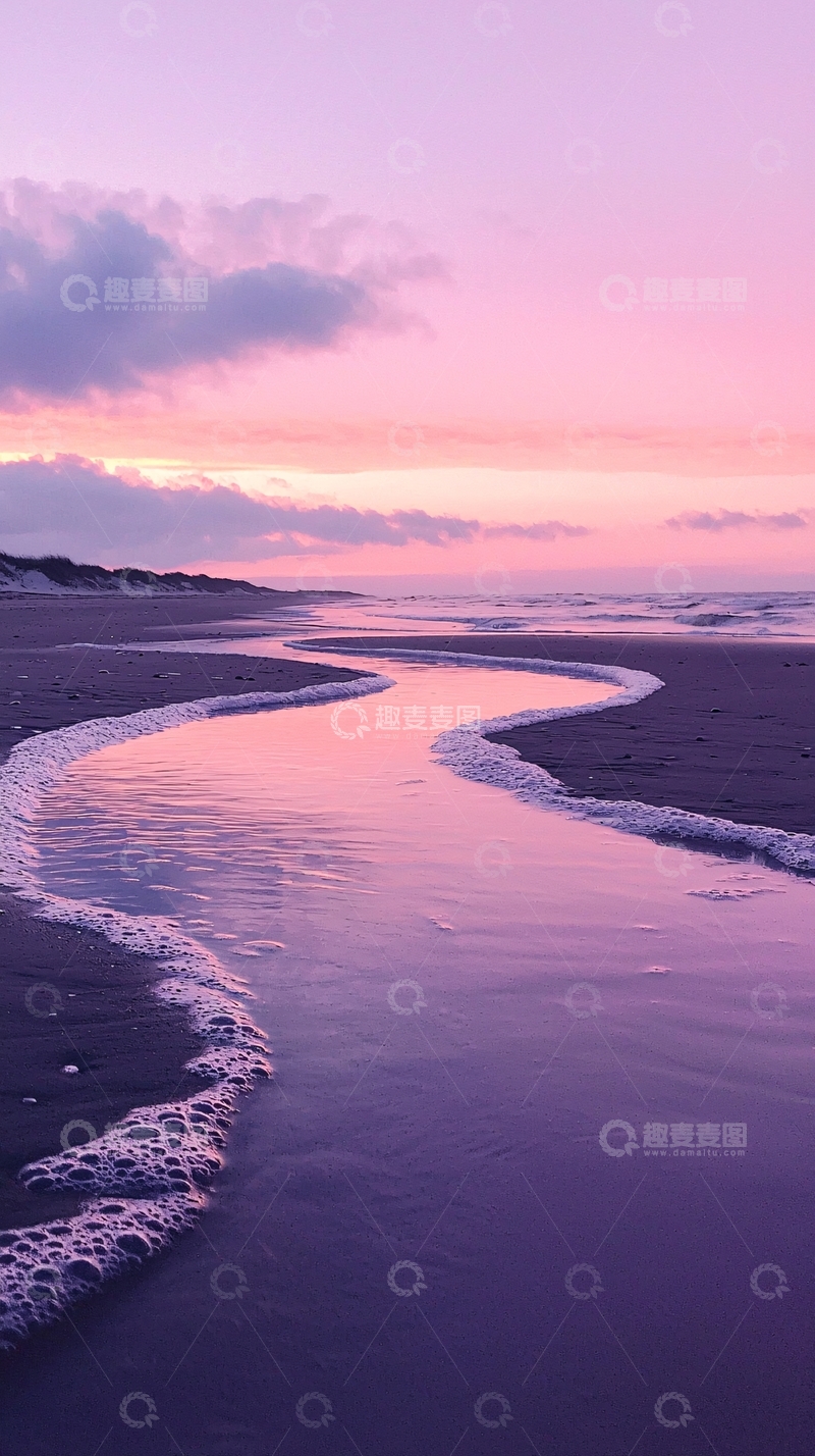 高清大图下载【趣麦麦图】日落海滩上的粉色涟漪