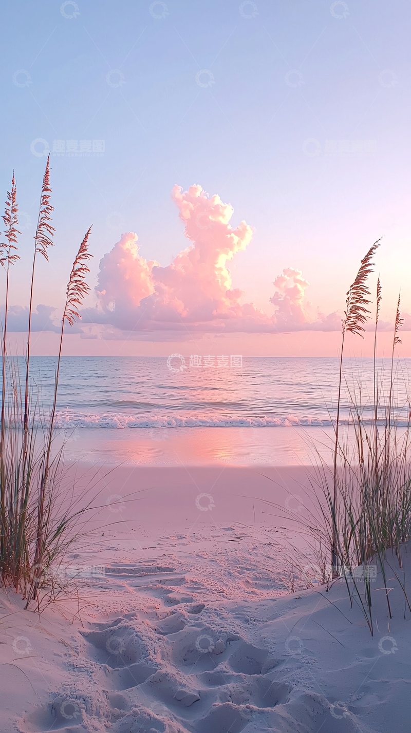 高清大图下载【趣麦麦图】粉色日落海滩风景