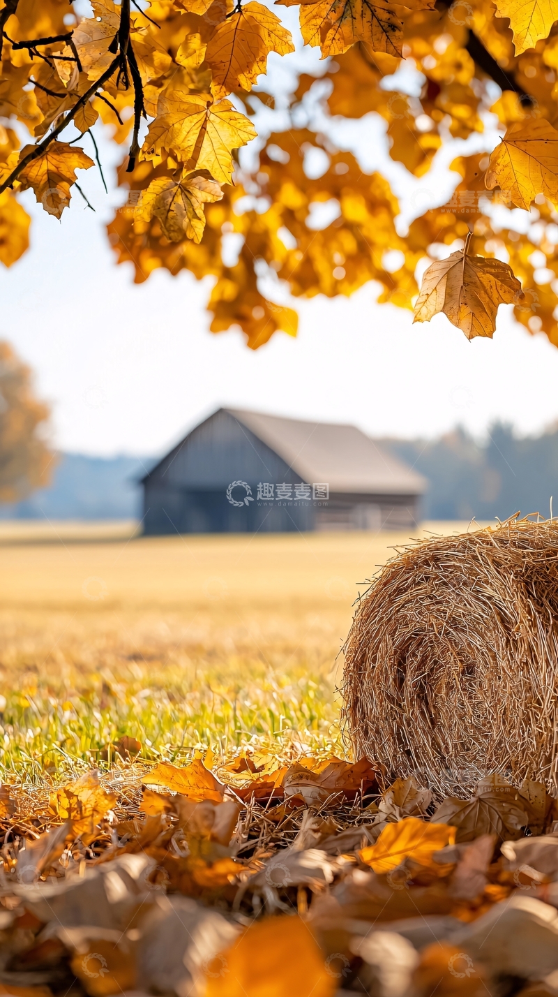 高清大图下载【趣麦麦图】秋日田野中的干草堆与老屋