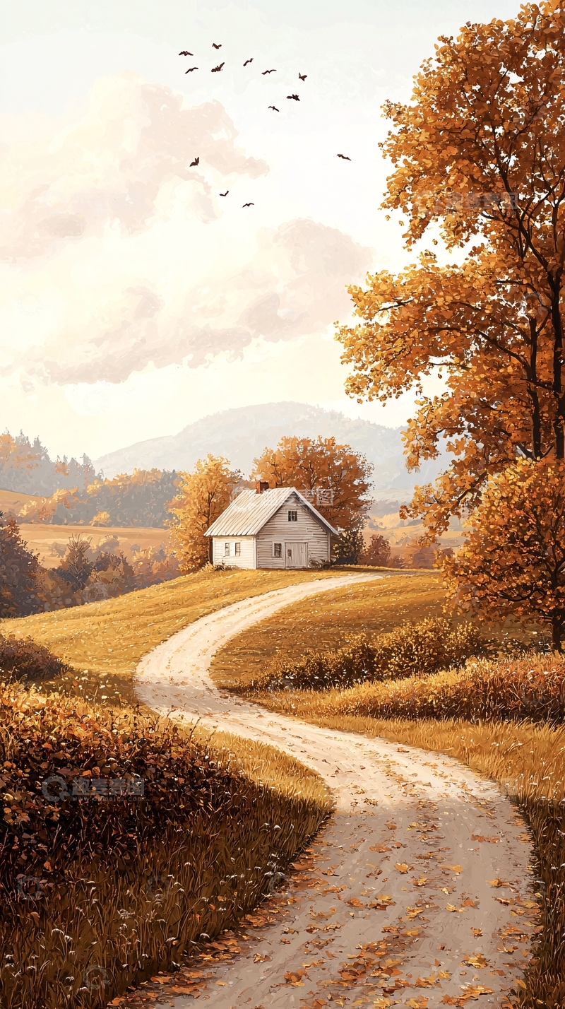 高清大图下载【趣麦麦图】秋日小屋与蜿蜒小路