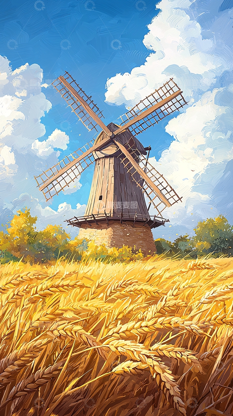 高清大图下载【趣麦麦图】秋日风车与麦田
