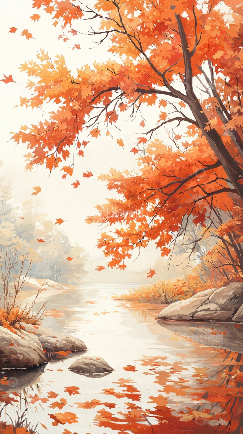 高清大图下载【趣麦麦图】秋日河流落叶风景