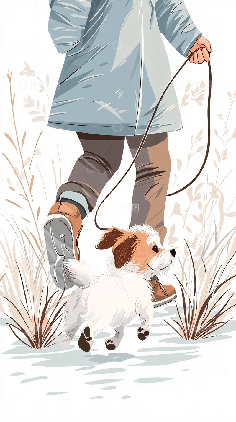 高清大图下载【趣麦麦图】散步中的小狗与主人