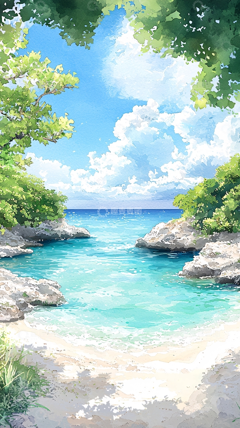 高清大图下载【趣麦麦图】夏日海滩风景插画