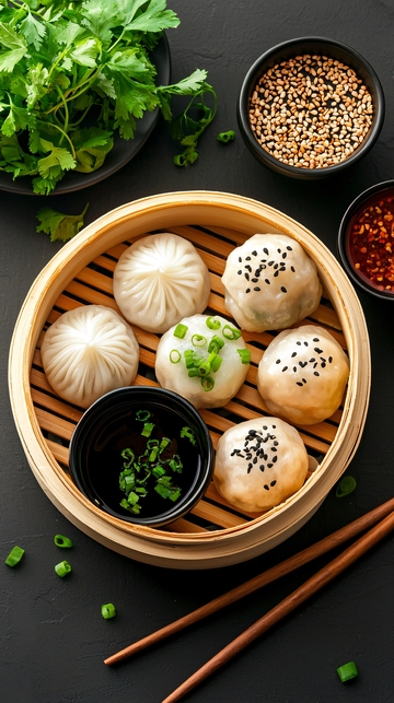 蒸笼里的包子与调料