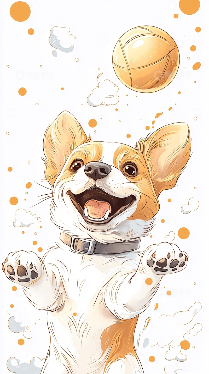 高清大图下载【趣麦麦图】快乐的柯基犬追逐篮球