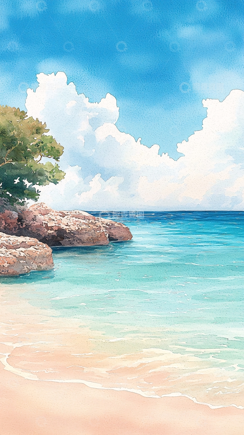 高清大图下载【趣麦麦图】海滩风景手绘插画