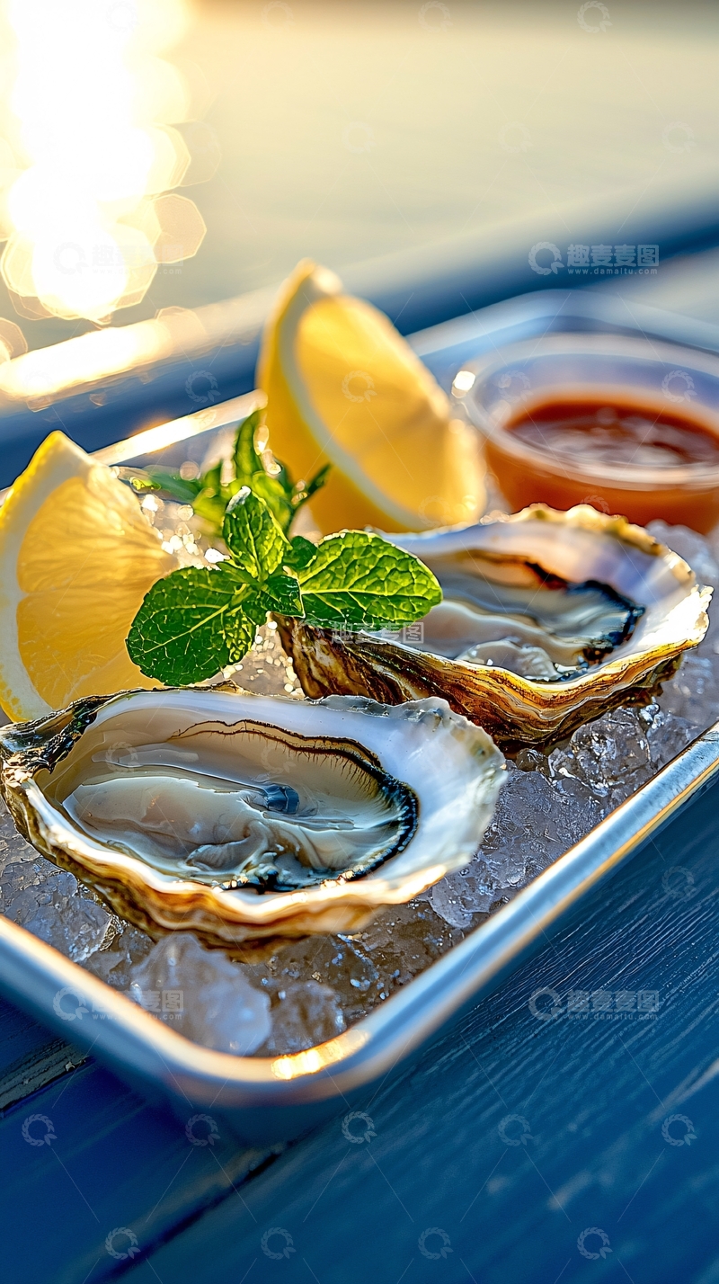 高清大图下载【趣麦麦图】新鲜生蚝配柠檬和薄荷