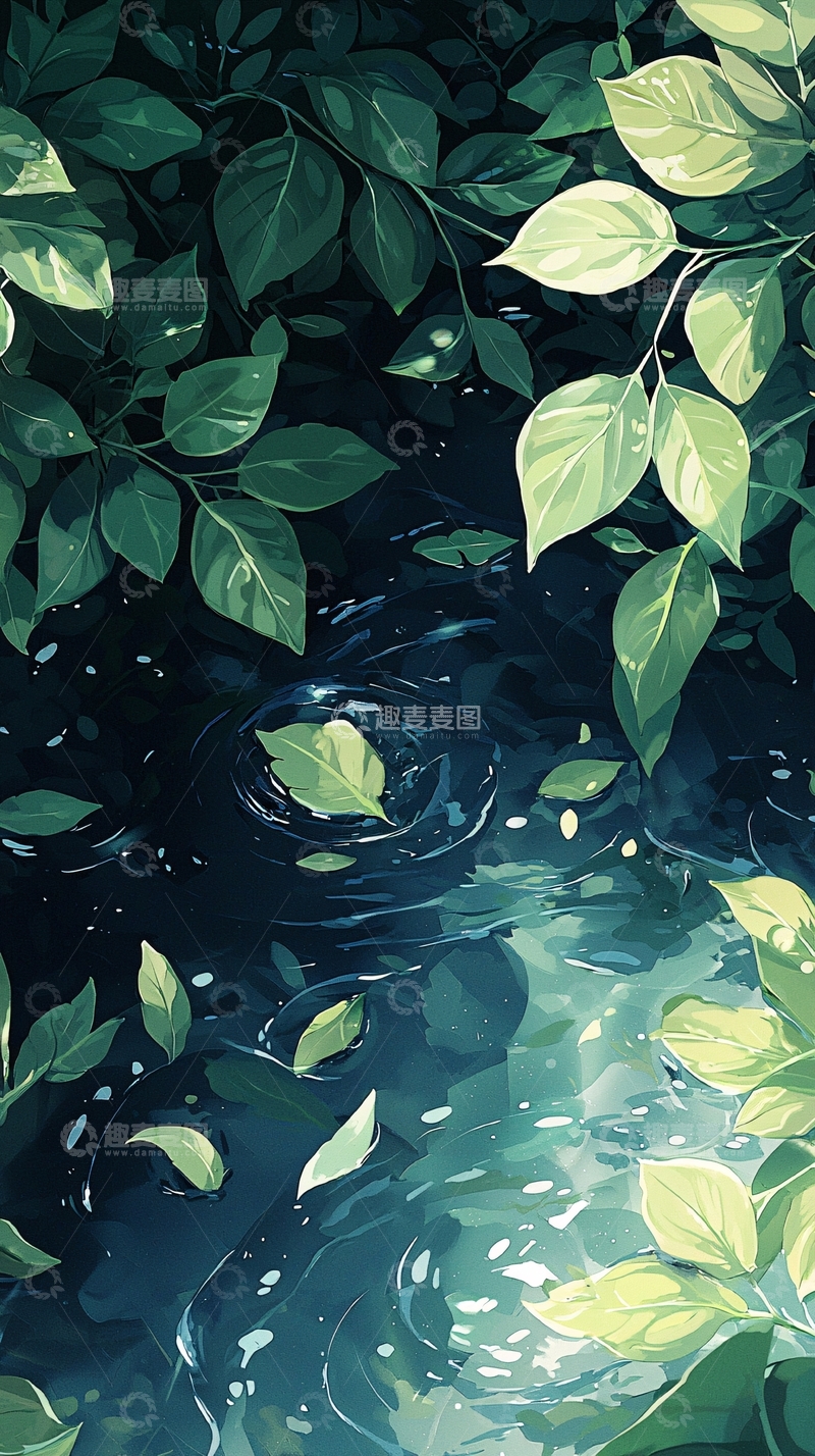 高清大图下载【趣麦麦图】绿叶漂浮在水面上的艺术插画