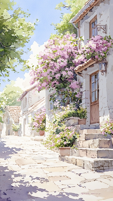 粉花盛开的乡村小巷