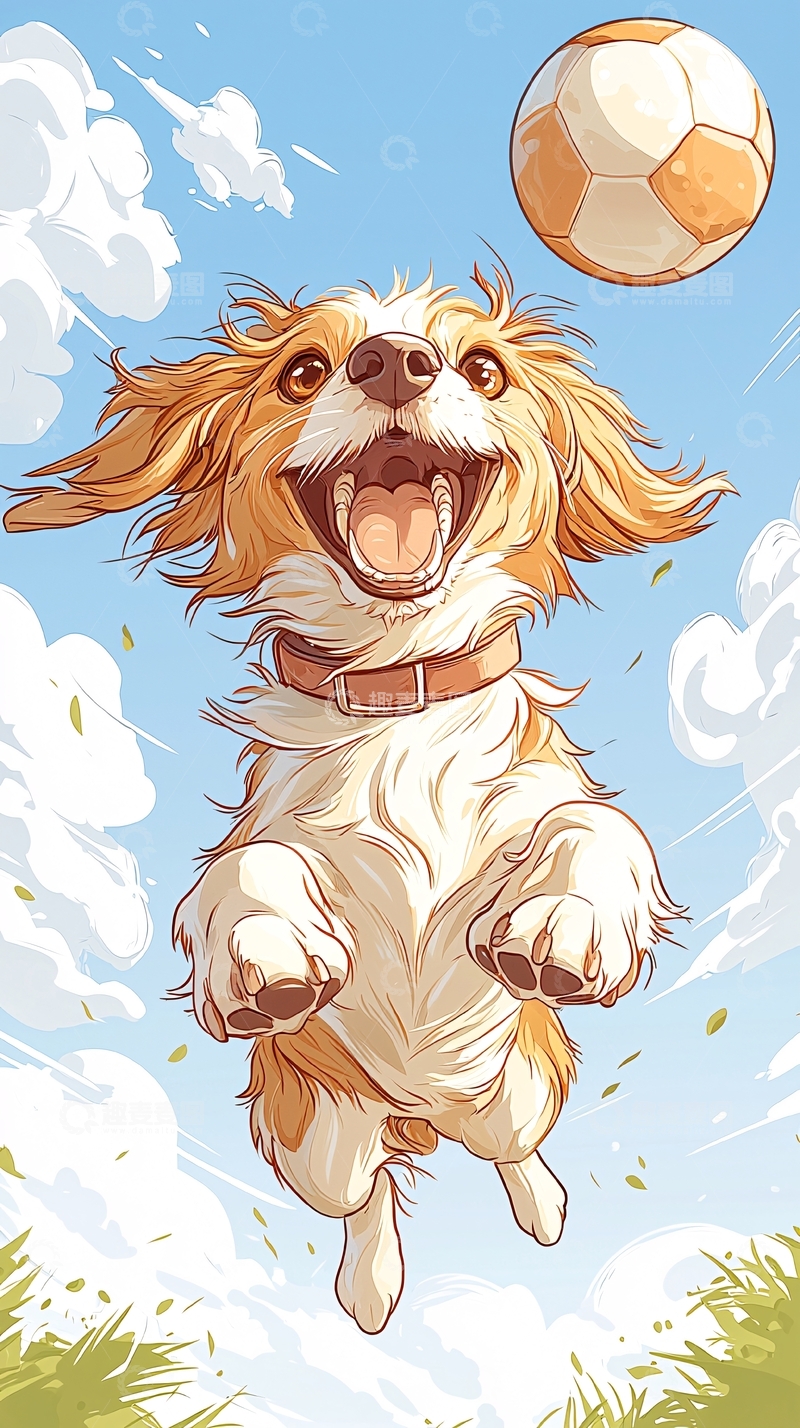 高清大图下载【趣麦麦图】跳跃中的小狗与足球