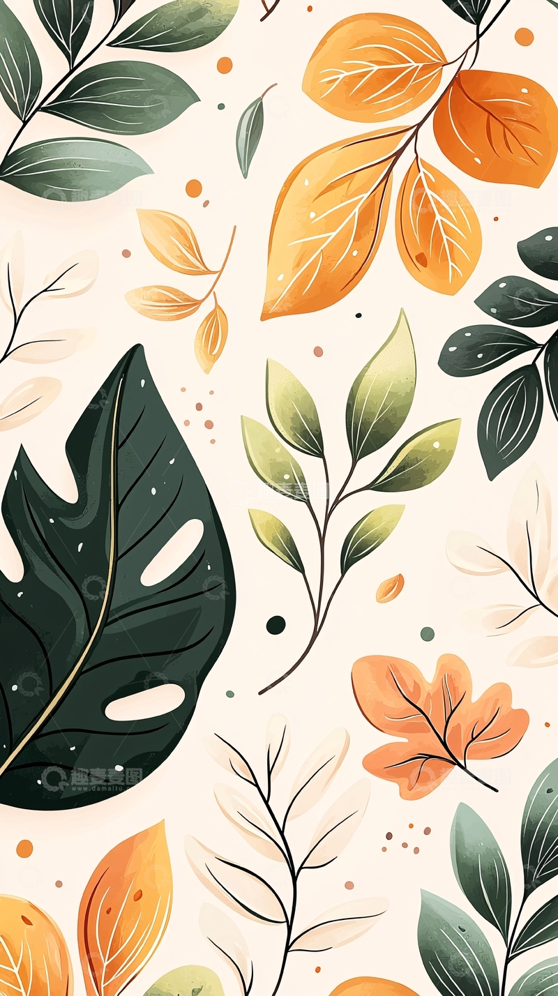 高清大图下载【趣麦麦图】秋叶插画背景素材