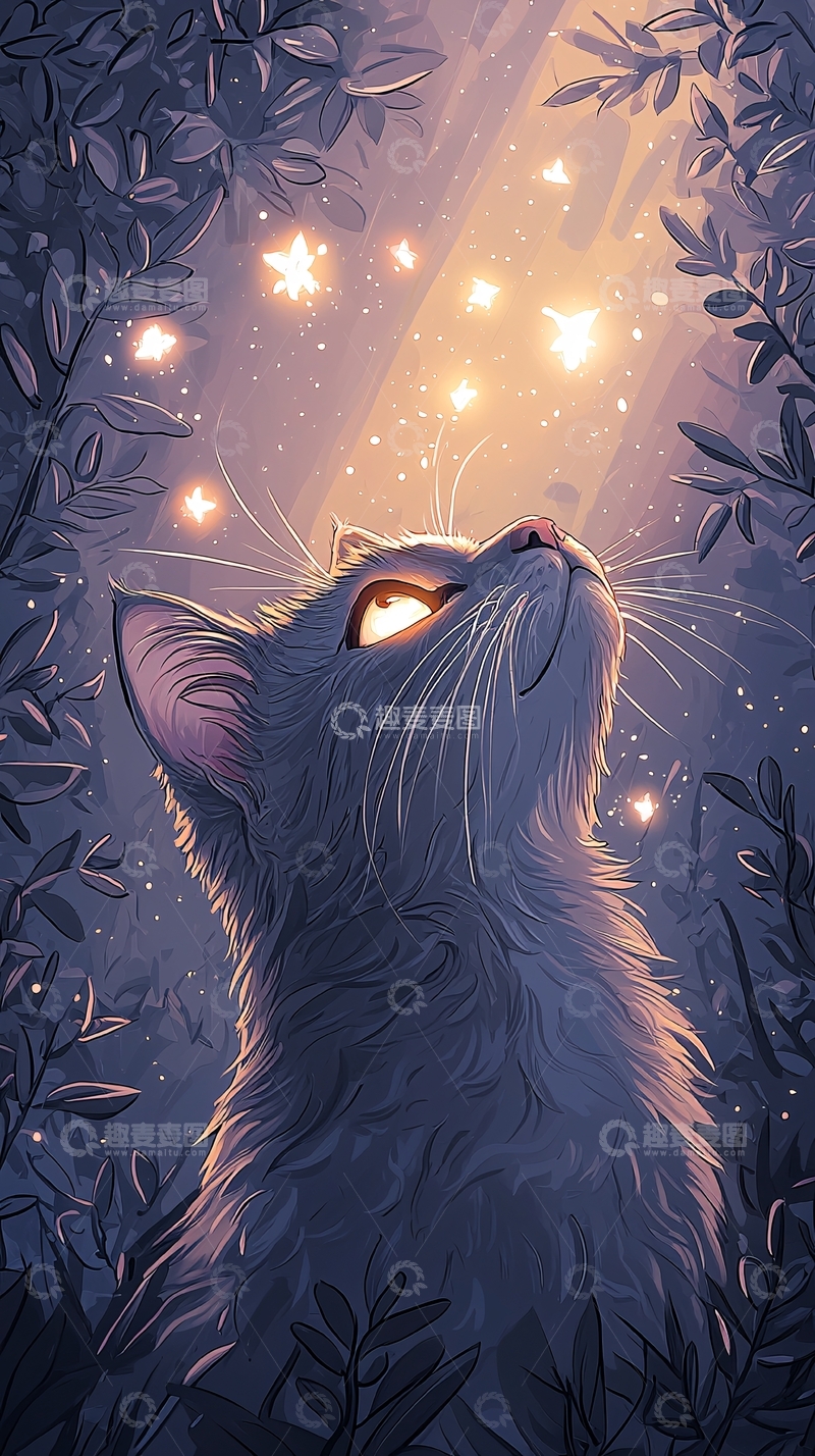 高清大图下载【趣麦麦图】夜色中的猫与萤火虫