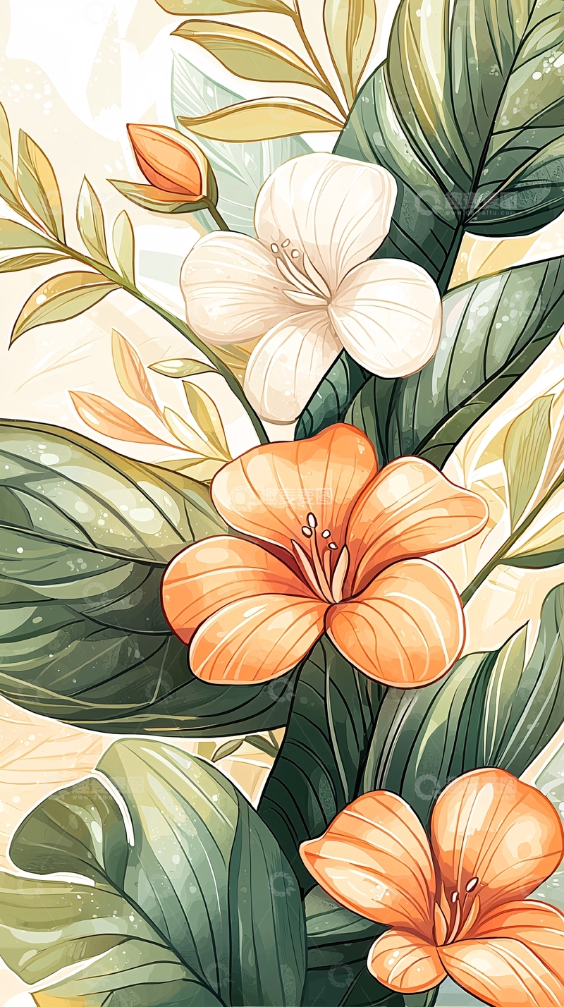 高清大图下载【趣麦麦图】热带花卉手绘插画背景图