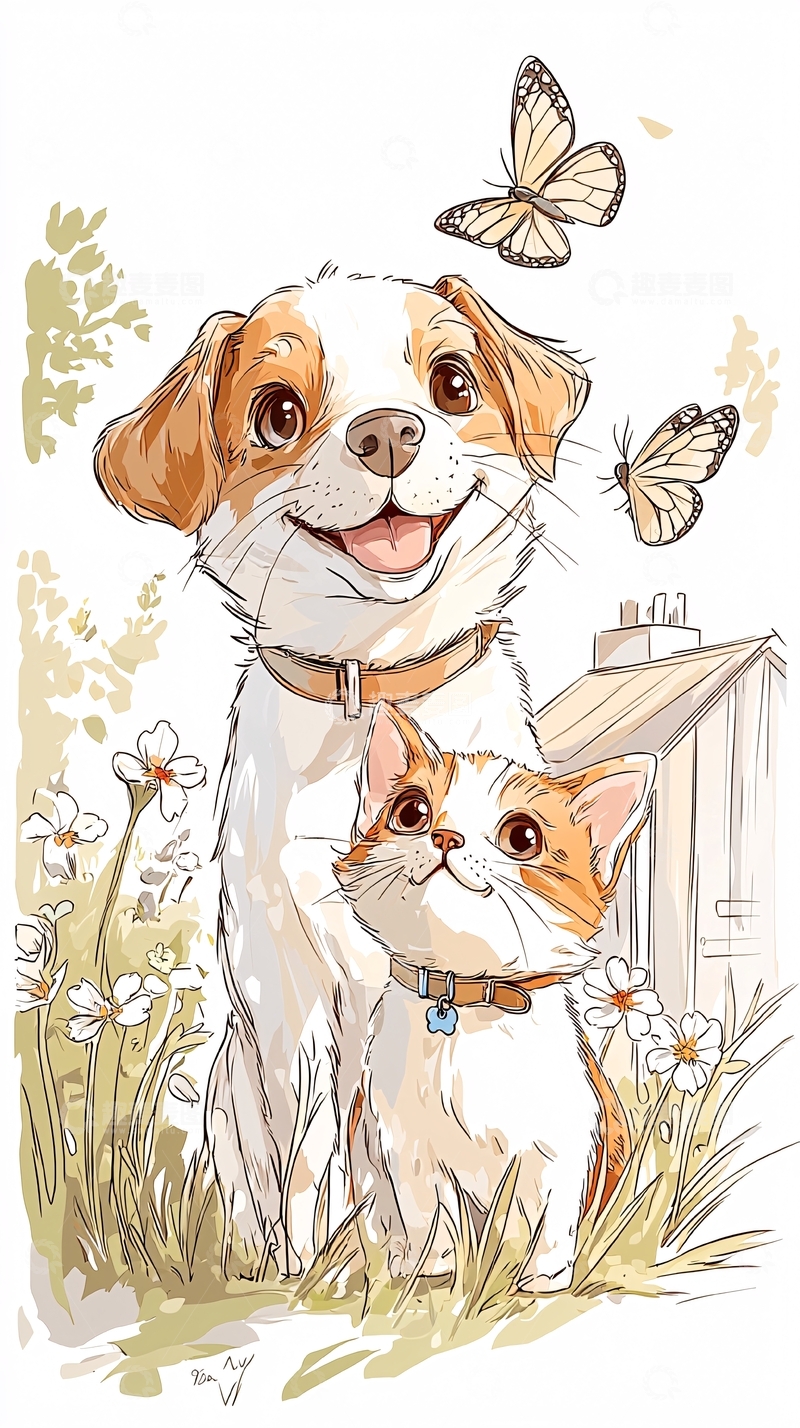 高清大图下载【趣麦麦图】萌宠蝴蝶花园插画