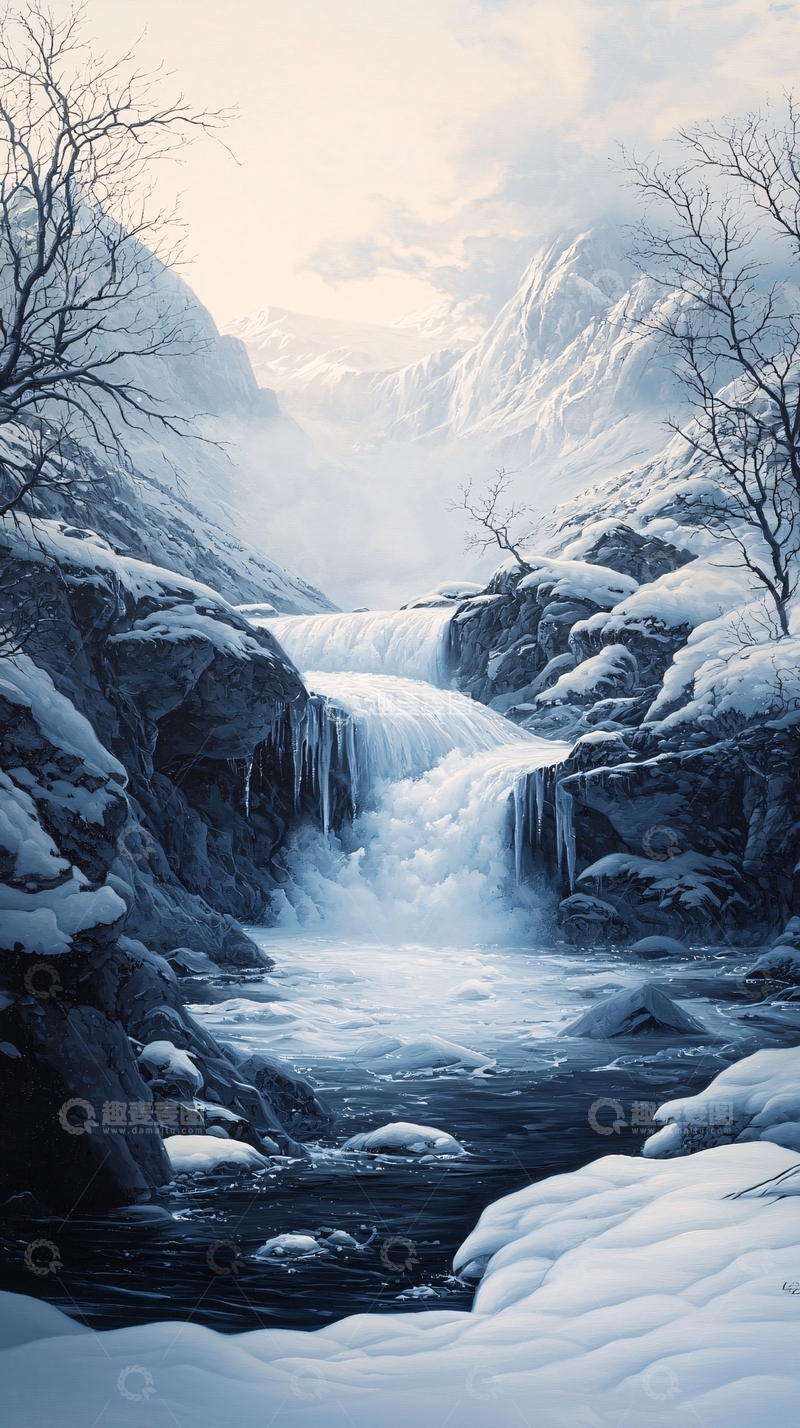 高清大图下载【趣麦麦图】冬日雪山瀑布风景