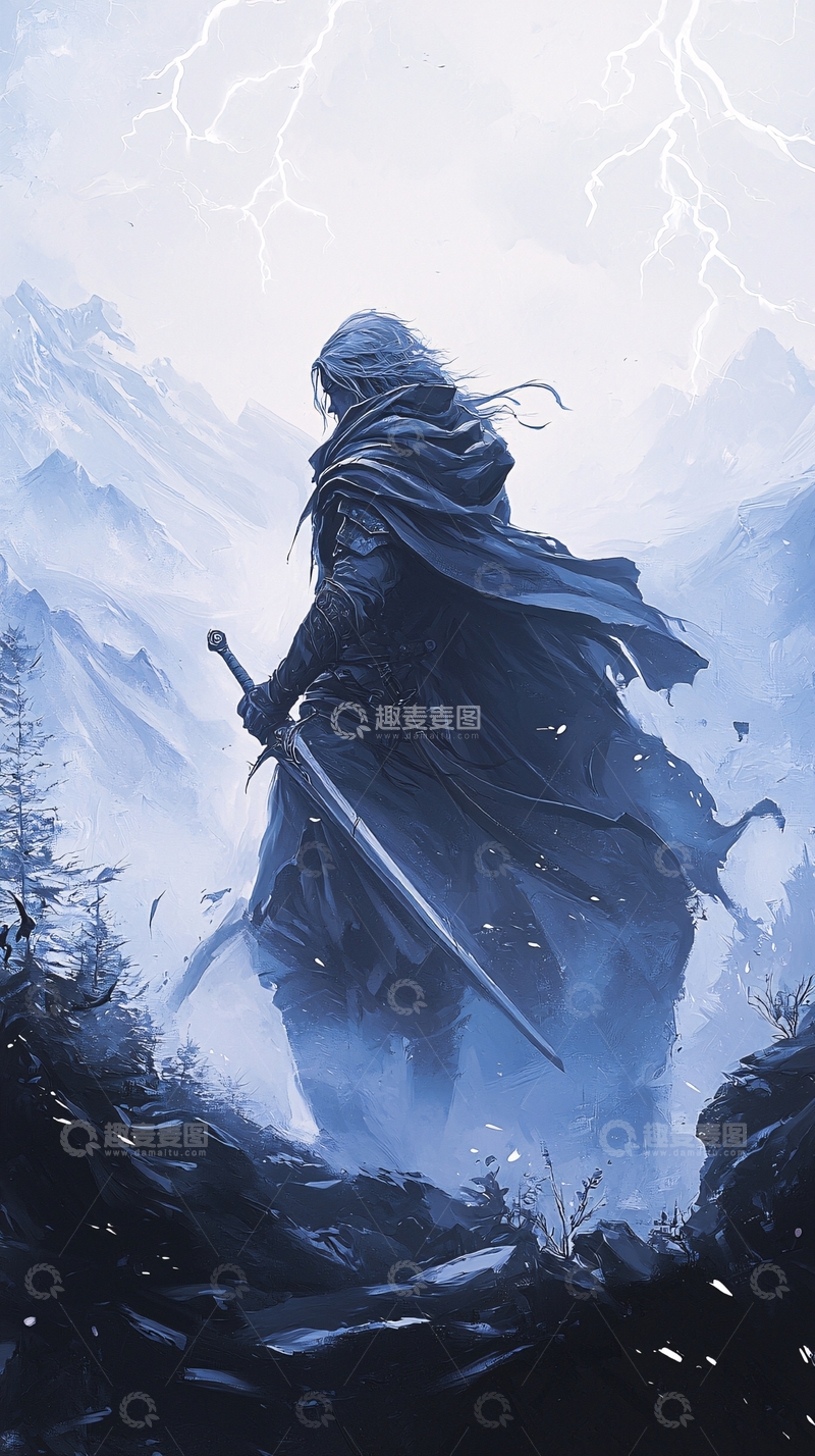 高清大图下载【趣麦麦图】剑士雪山行侠图