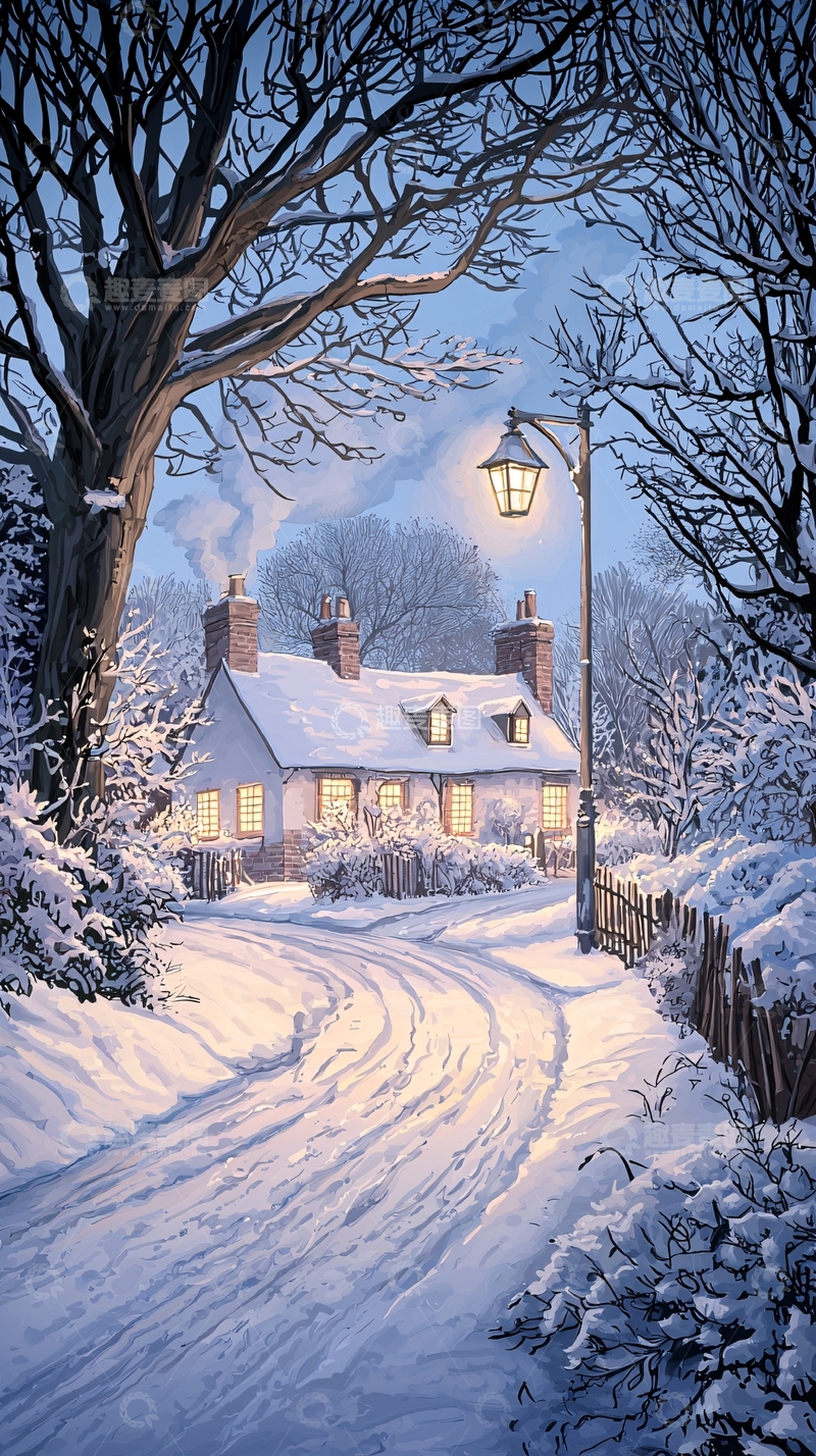 高清大图下载【趣麦麦图】冬日雪景中的温馨小屋