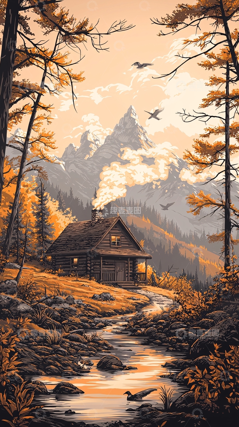 高清大图下载【趣麦麦图】秋日山间小屋风景图