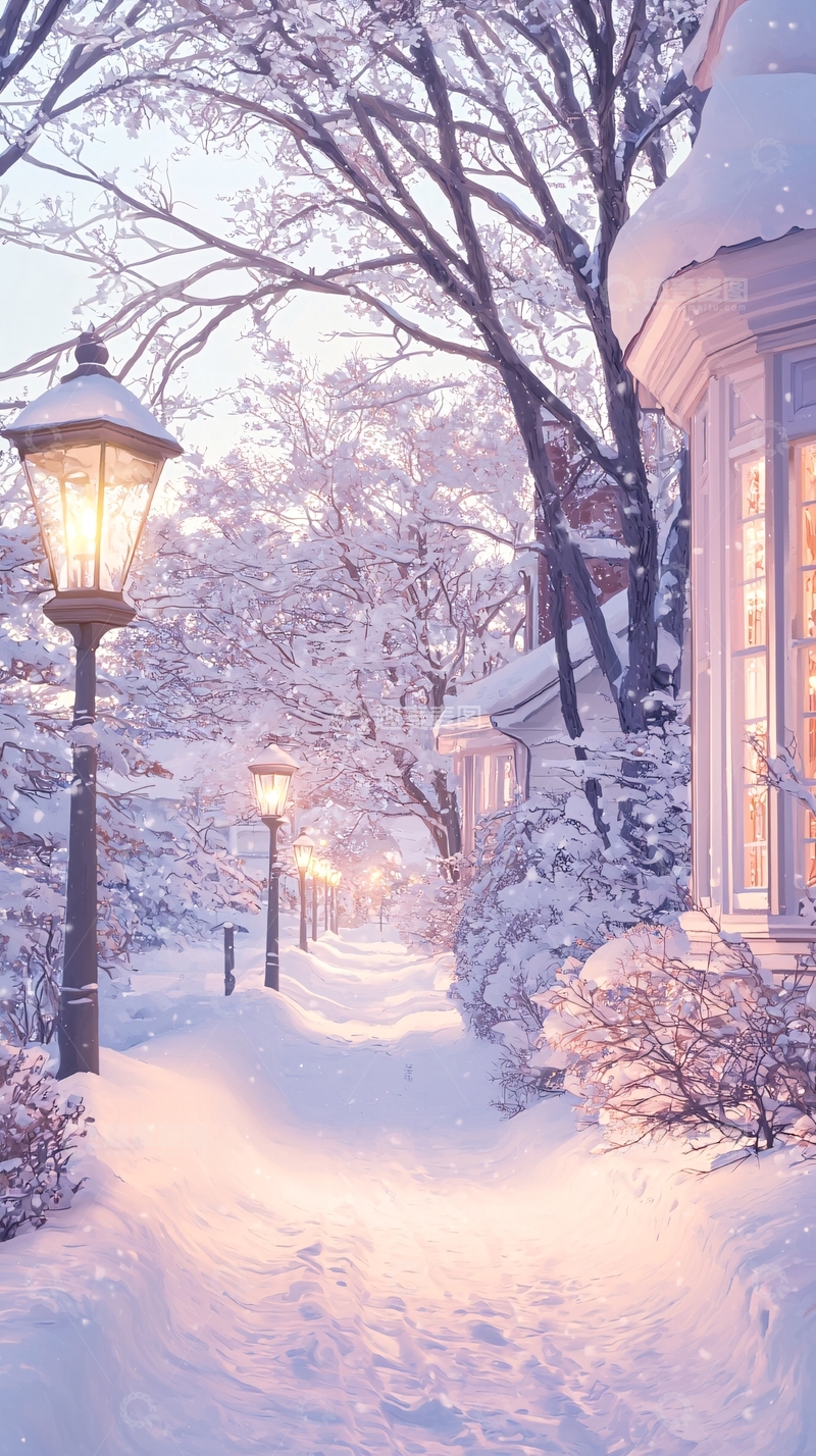 高清大图下载【趣麦麦图】冬日雪景小巷灯光明亮