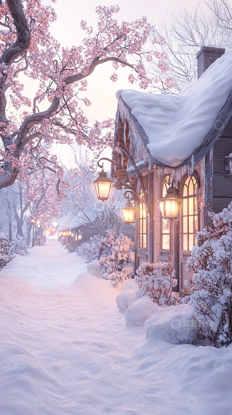 高清大图下载【趣麦麦图】冬日雪景中的温馨小屋