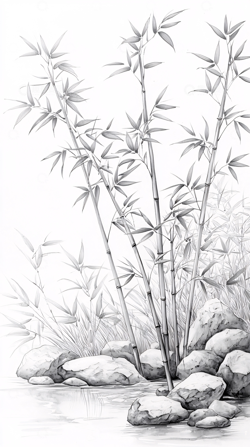 高清大图下载【趣麦麦图】竹林石景手绘图