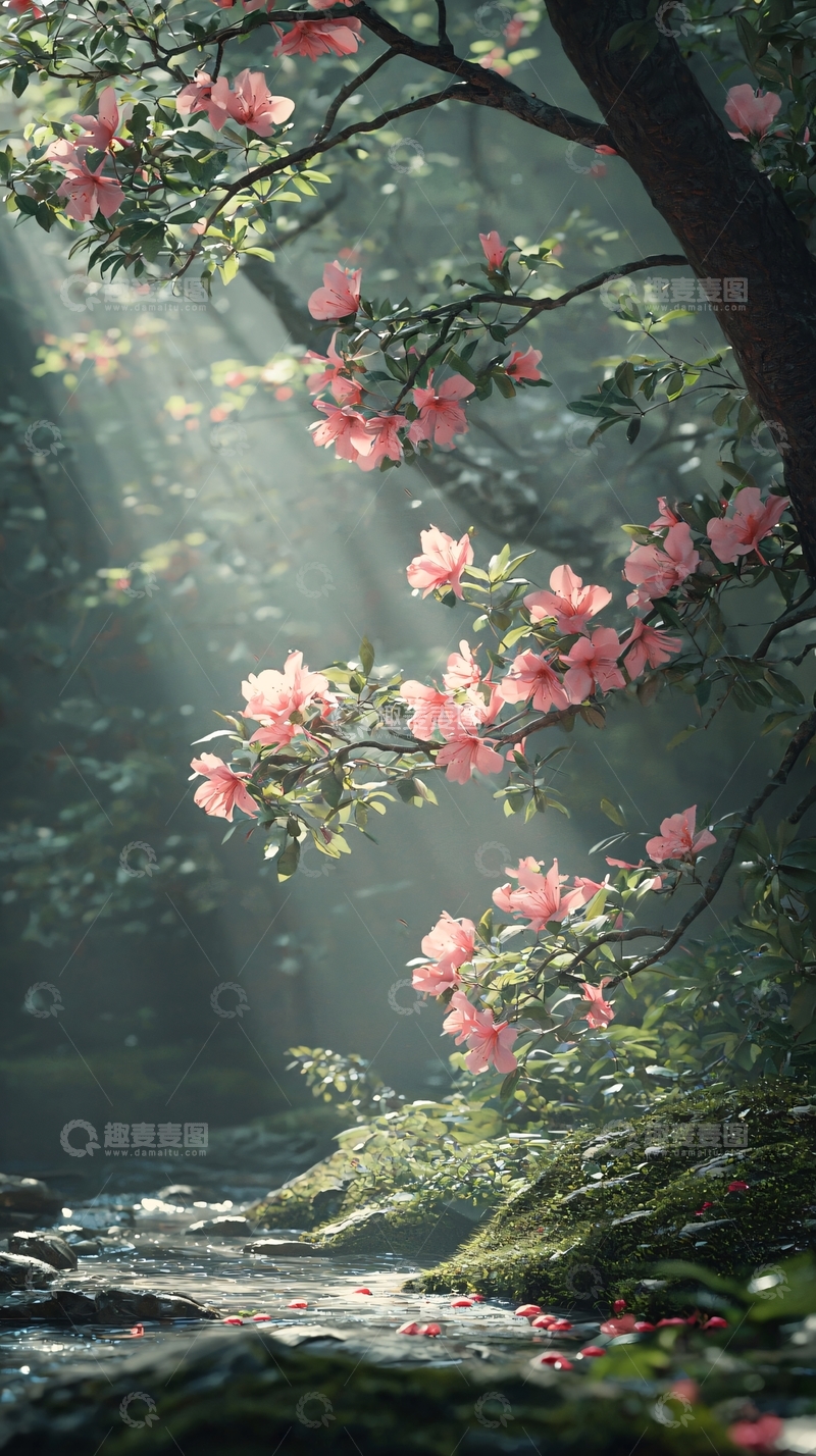 高清大图下载【趣麦麦图】粉色花朵与溪流的自然美景