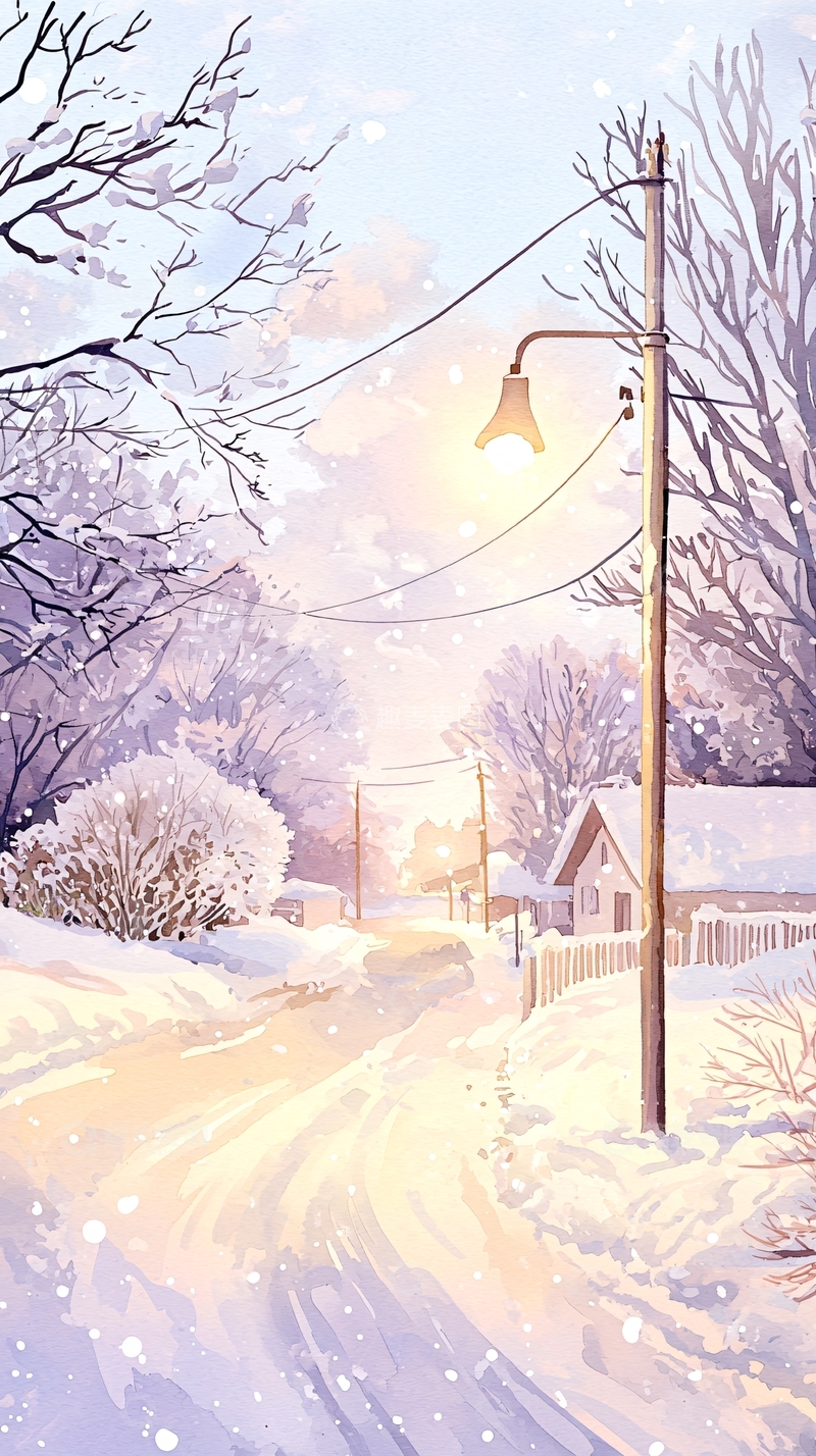 高清大图下载【趣麦麦图】冬日雪景路灯下的宁静村庄