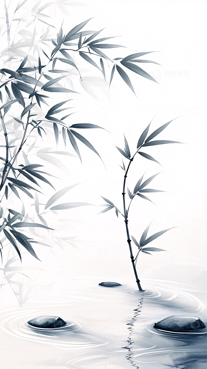高清大图下载【趣麦麦图】竹影石水静谧图