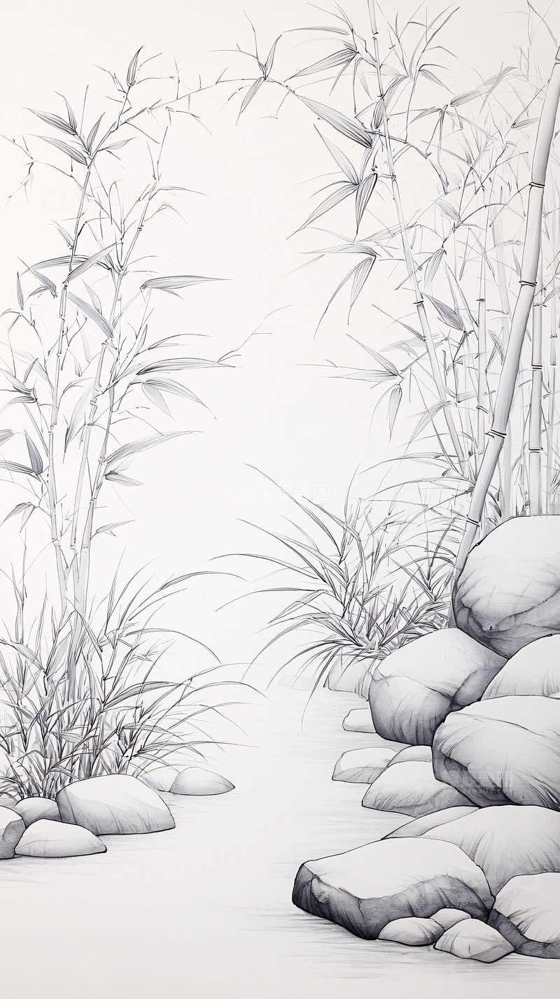 高清大图下载【趣麦麦图】竹林小径石桥图