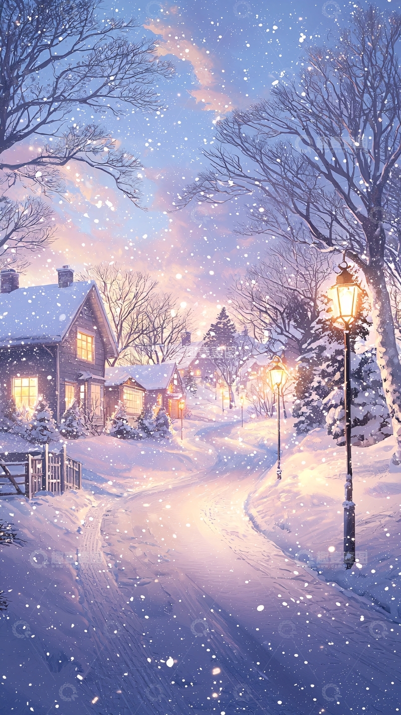 高清大图下载【趣麦麦图】冬日雪景村庄夜景