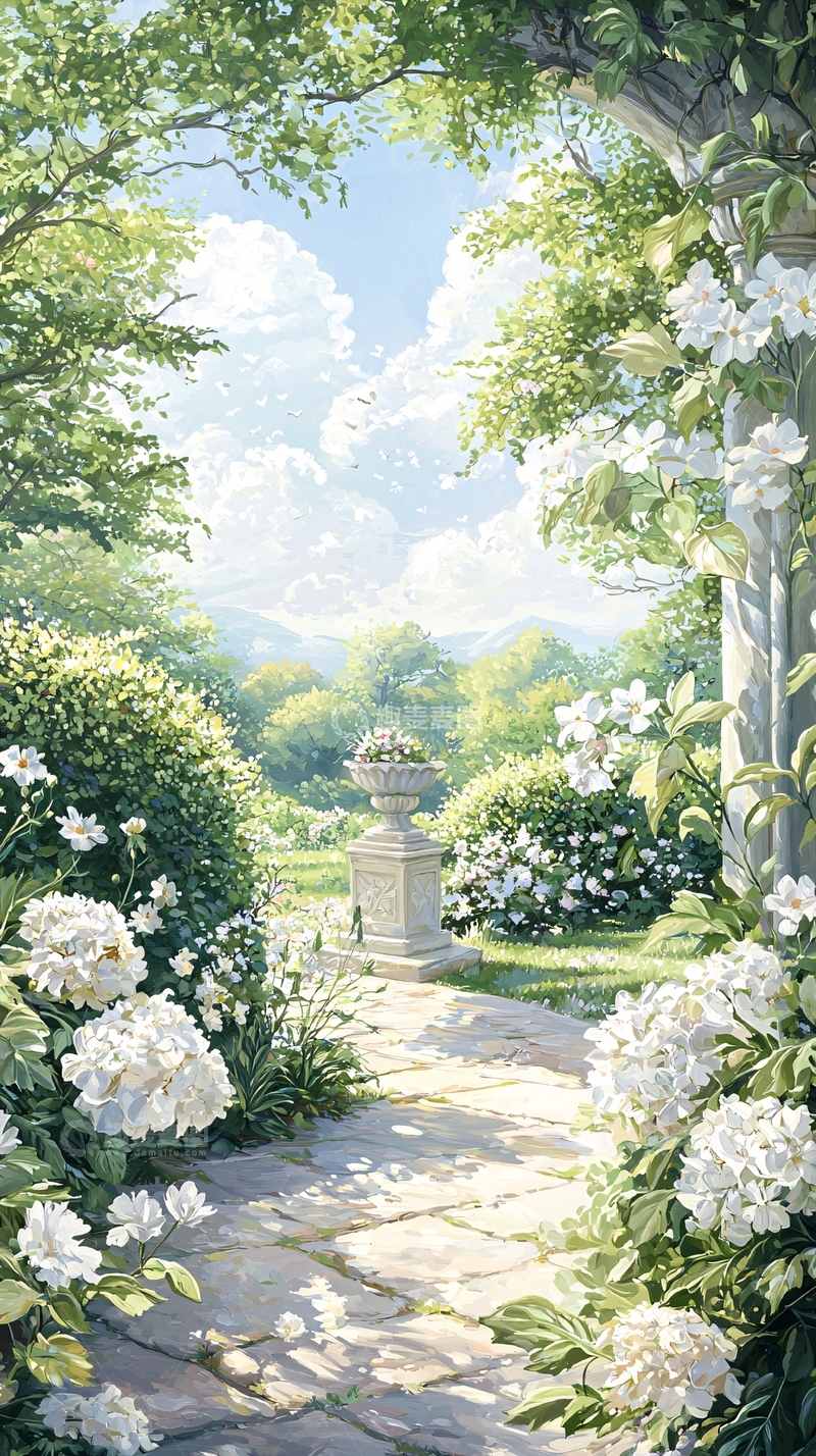 高清大图下载【趣麦麦图】夏日花园石径白花