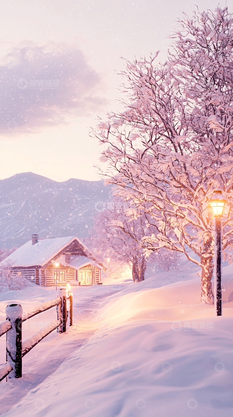 高清大图下载【趣麦麦图】冬日雪景小屋灯光明亮