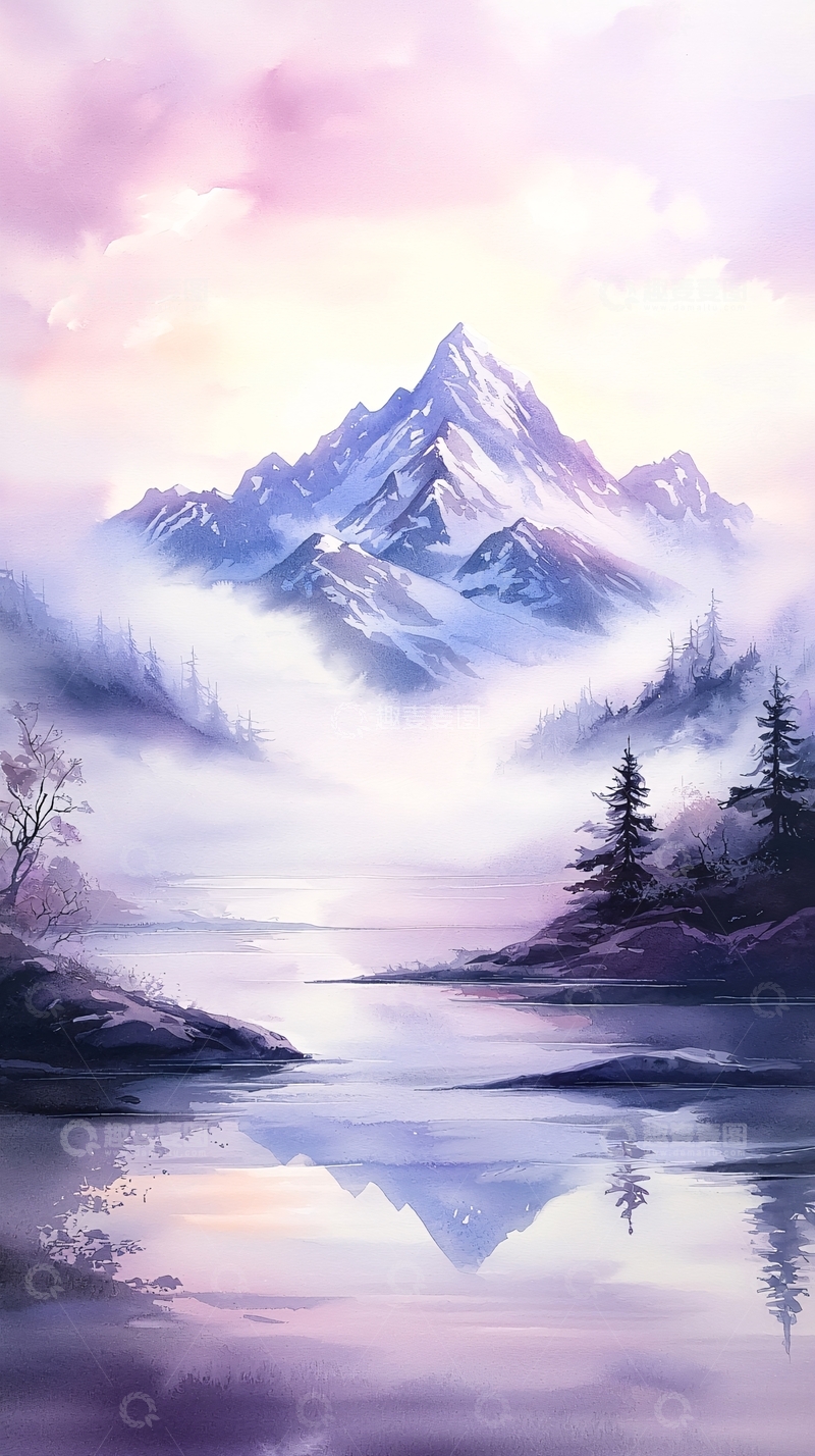 高清大图下载【趣麦麦图】雪山倒影宁静湖面