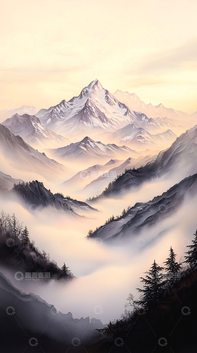 高清大图下载【趣麦麦图】云雾缭绕的雪山风景